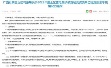 廣西氣象局通報2022年度雷電防護裝置檢測質(zhì)量考核情況